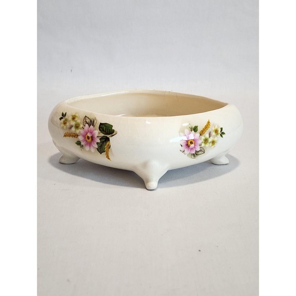 Vintage Footed Ceramic Floral Planter Diamond Shape‎ Cream Pink Wildflower Bowl